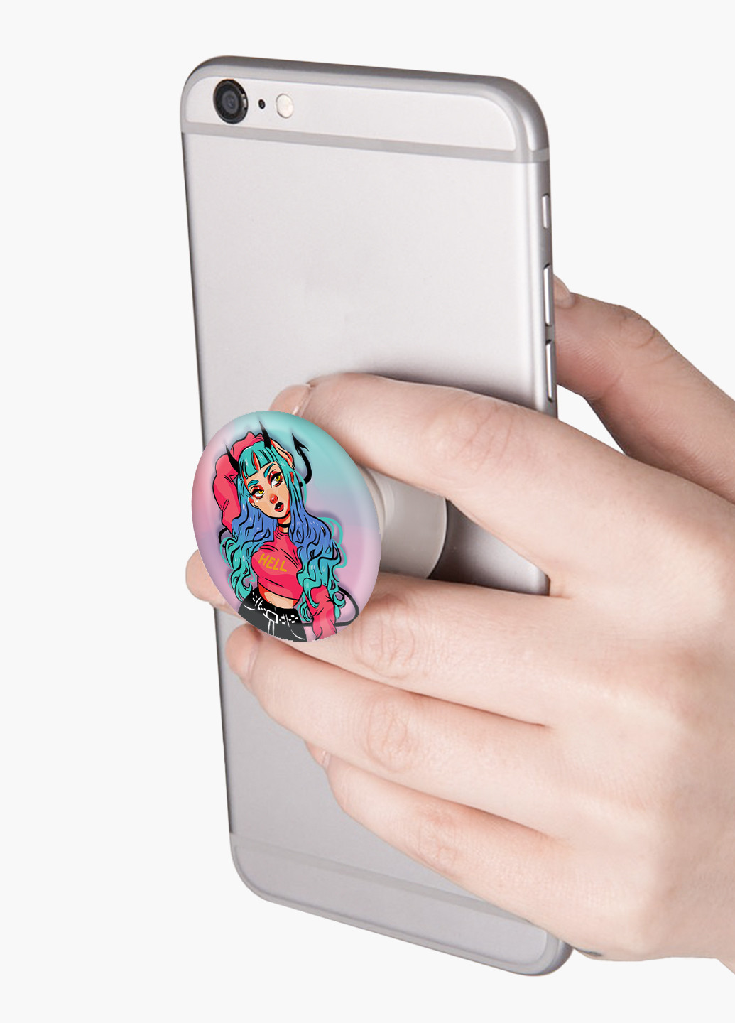 Попсокет (Popsockets) тримач для смартфону Дівчина демон (Cute Girl Illustration Art) (8754-2838) Чорний MobiPrint (221548598)