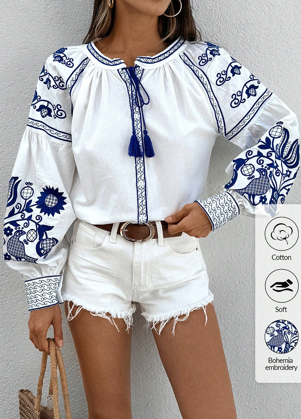 Белая блуза SHEIN узор орнамент свободная хлопок (346396079)