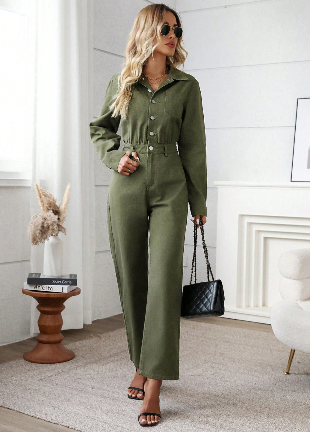 Комбинезон SHEIN комбинезон-брюки однотонный зелёный денил, кэжуал хлопок, джинс