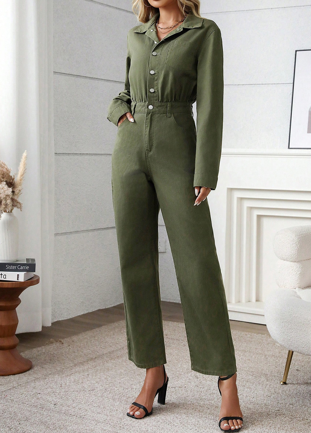 Комбинезон SHEIN комбинезон-брюки однотонный зелёный денил, кэжуал хлопок, джинс