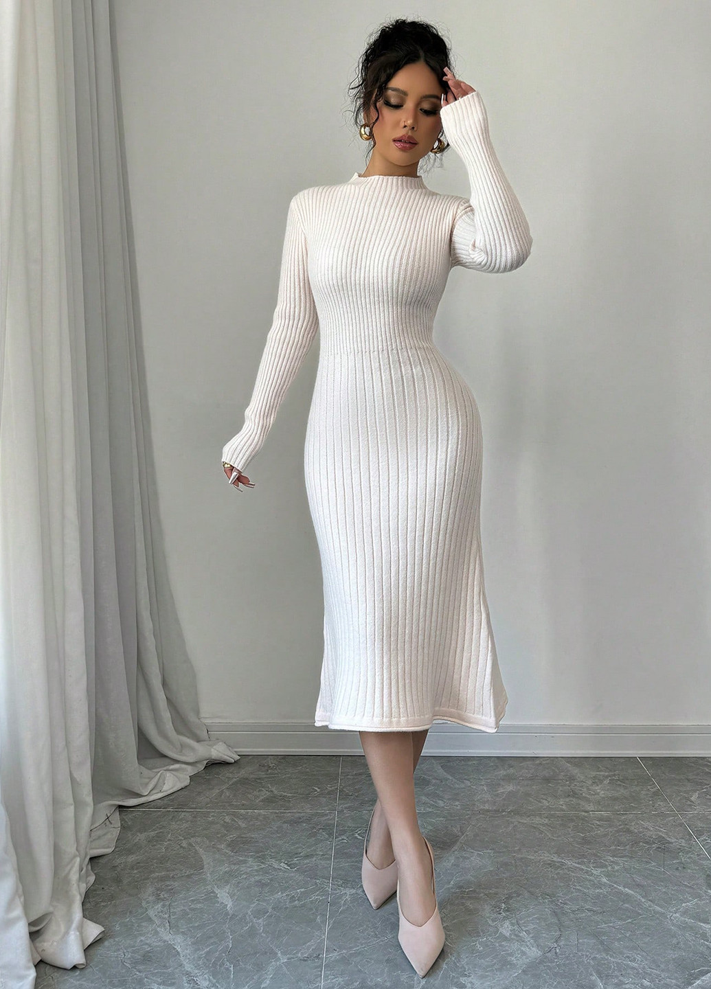 Молочное кэжуал платье платье-свитер SHEIN однотонное