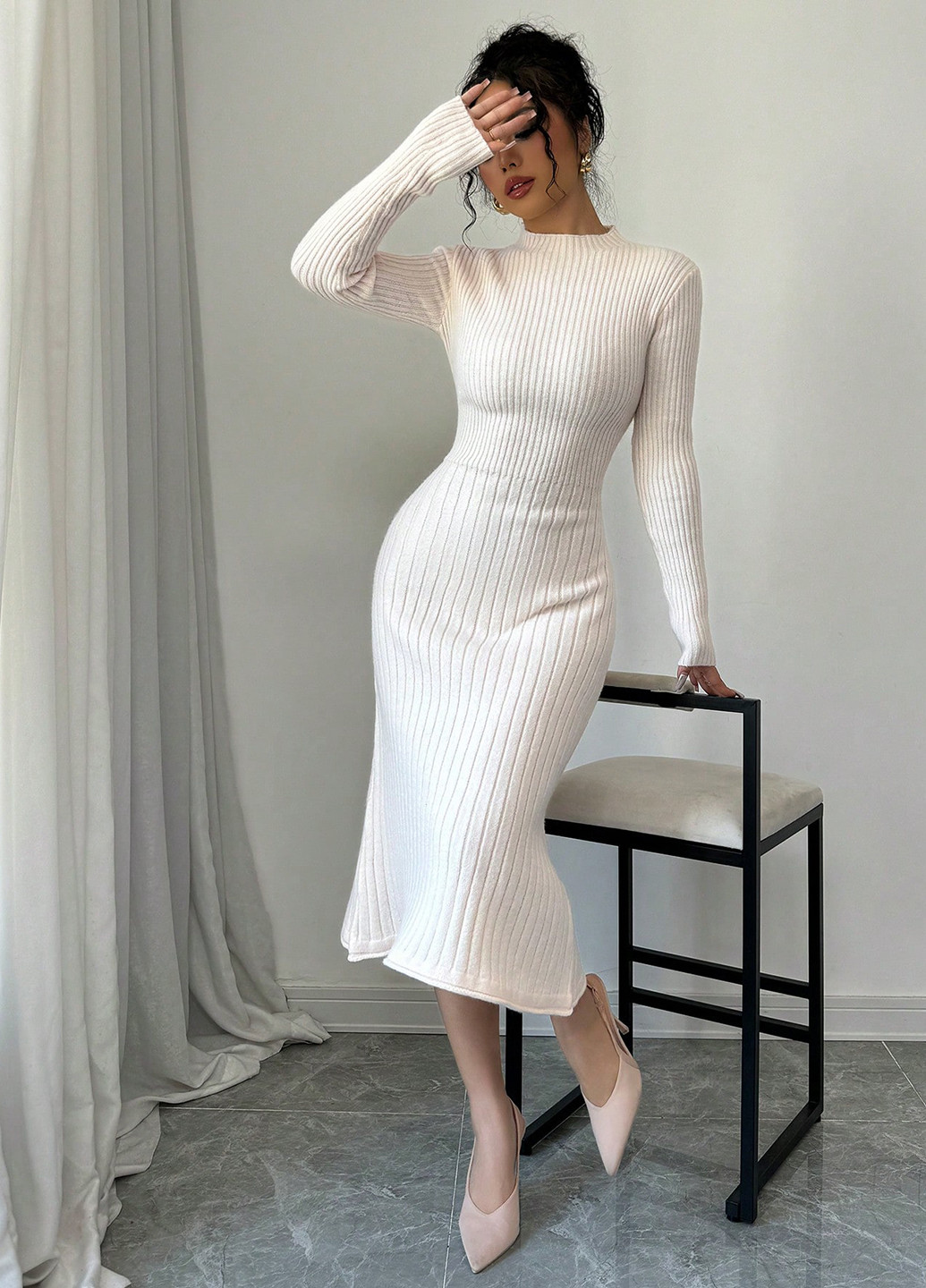 Молочное кэжуал платье платье-свитер SHEIN однотонное