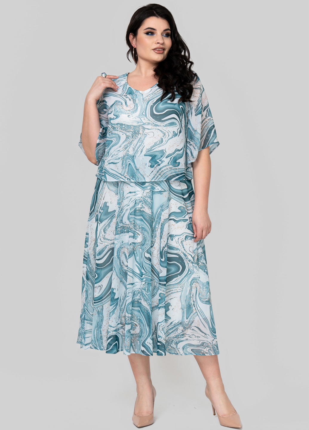 Бирюзовое кэжуал платье а-силуэт A'll Posa с абстрактным узором