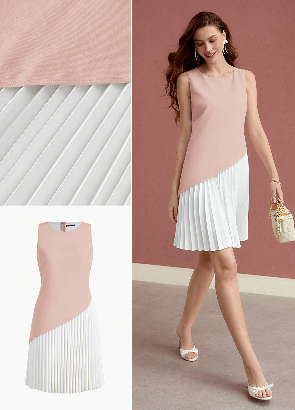 Комбінована святковий, кежуал сукня а-силует, з відкритими плечима, плісована SHEIN колор блок