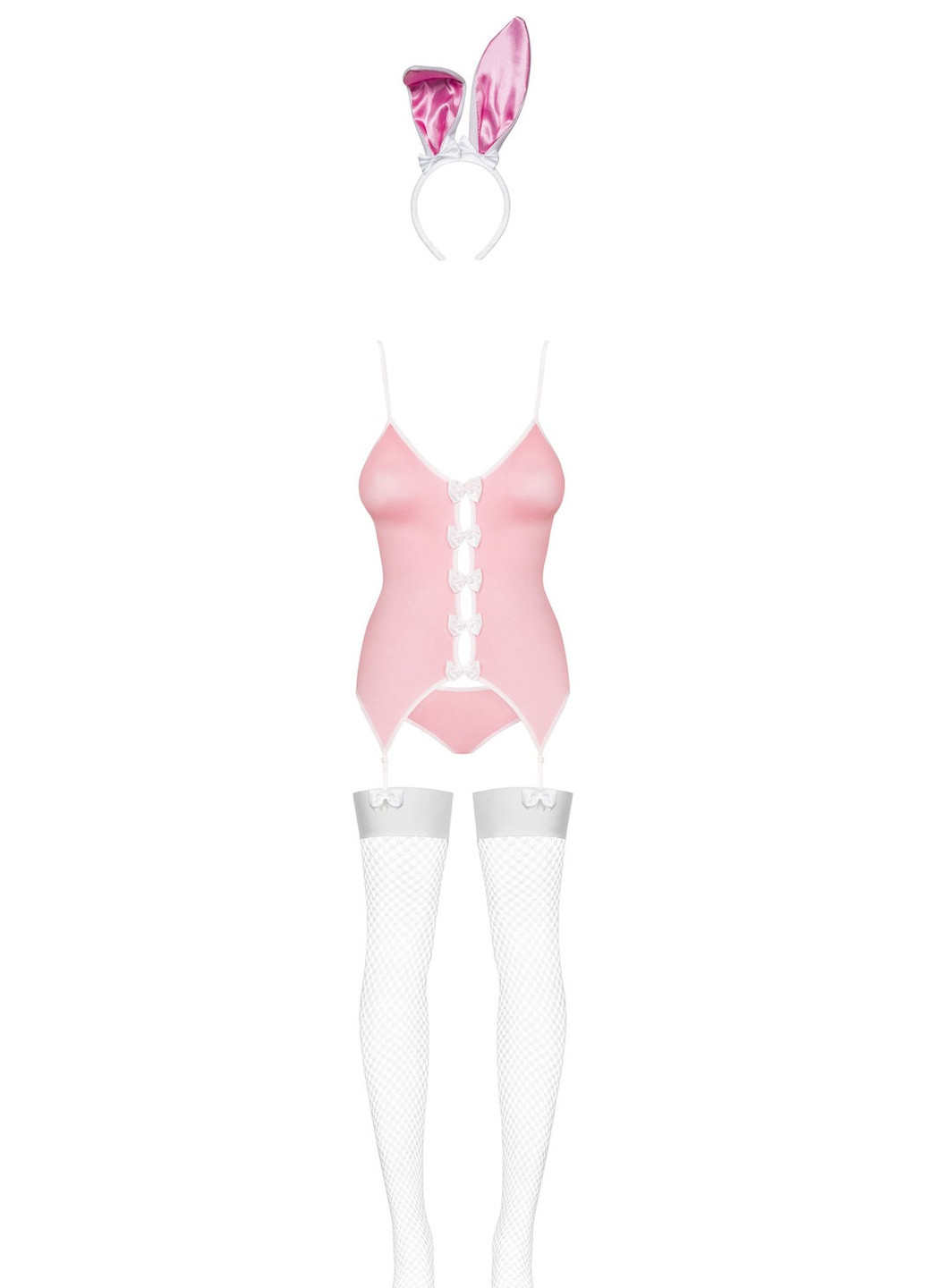 Розовый демисезонный эротический игровой костюм (корсет, трусики, чулки, ободок с ушками) Obsessive