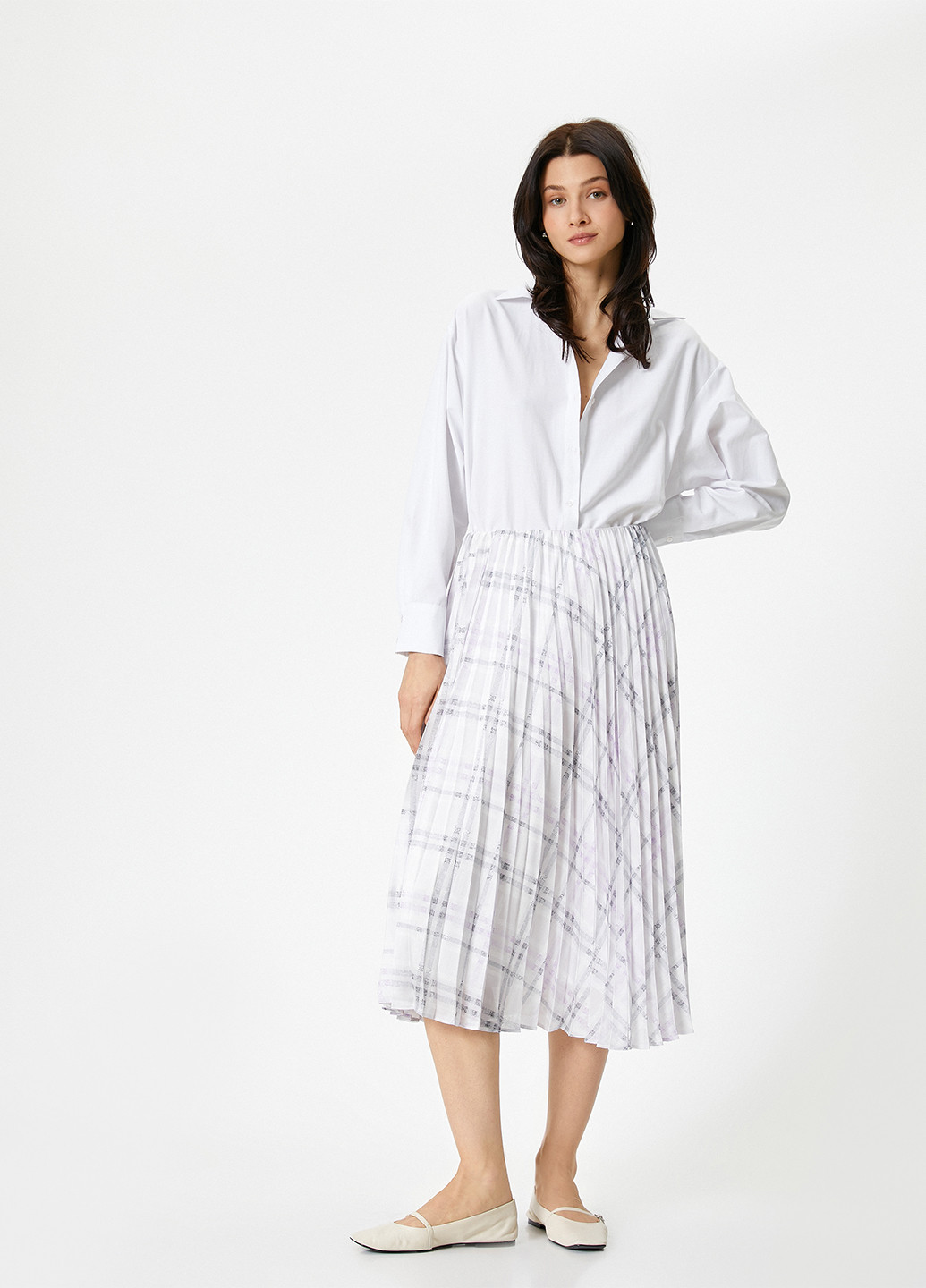 Белая кэжуал в клетку юбка KOTON плиссе, а-силуэта (трапеция)