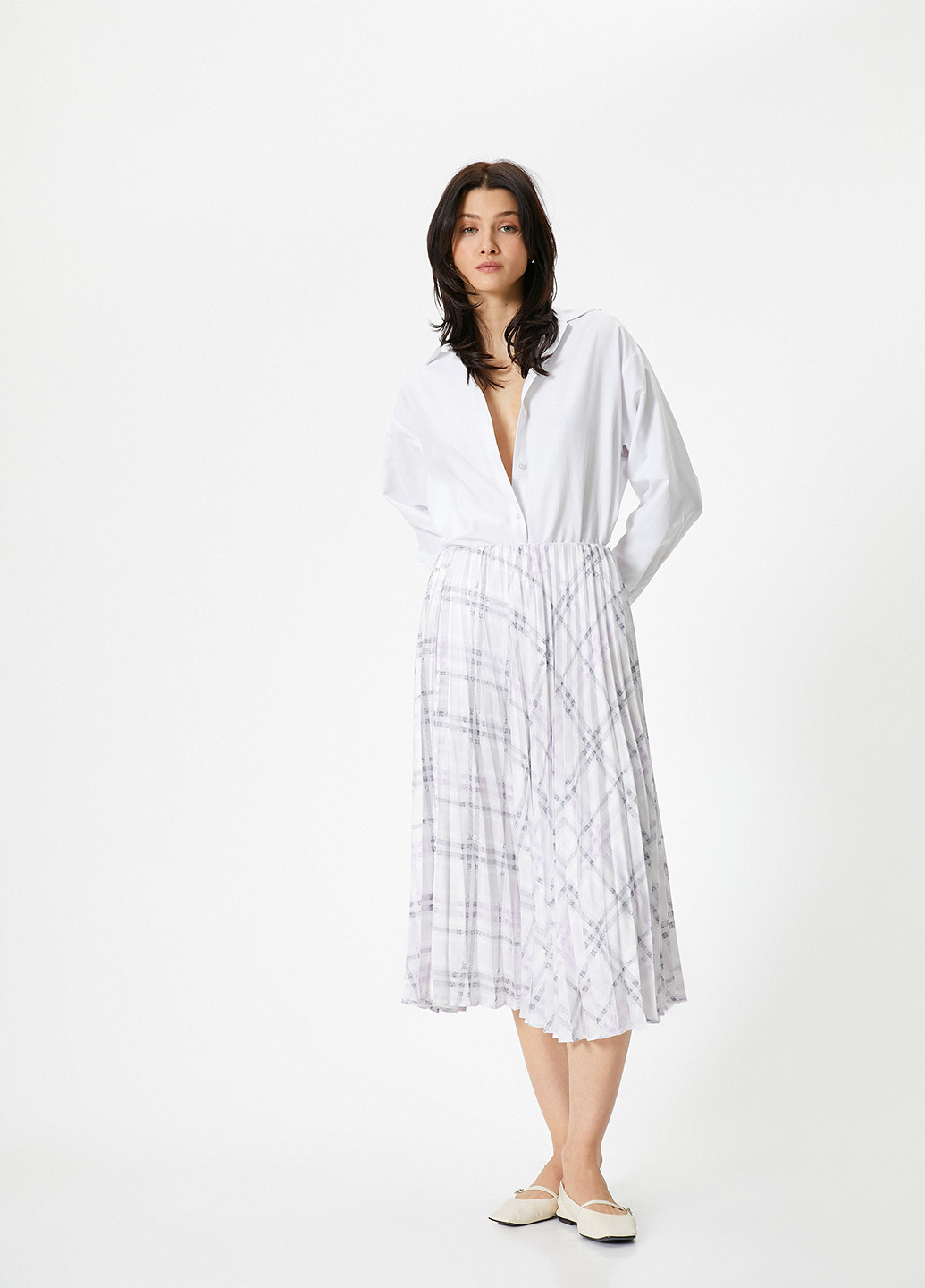 Белая кэжуал в клетку юбка KOTON плиссе, а-силуэта (трапеция)