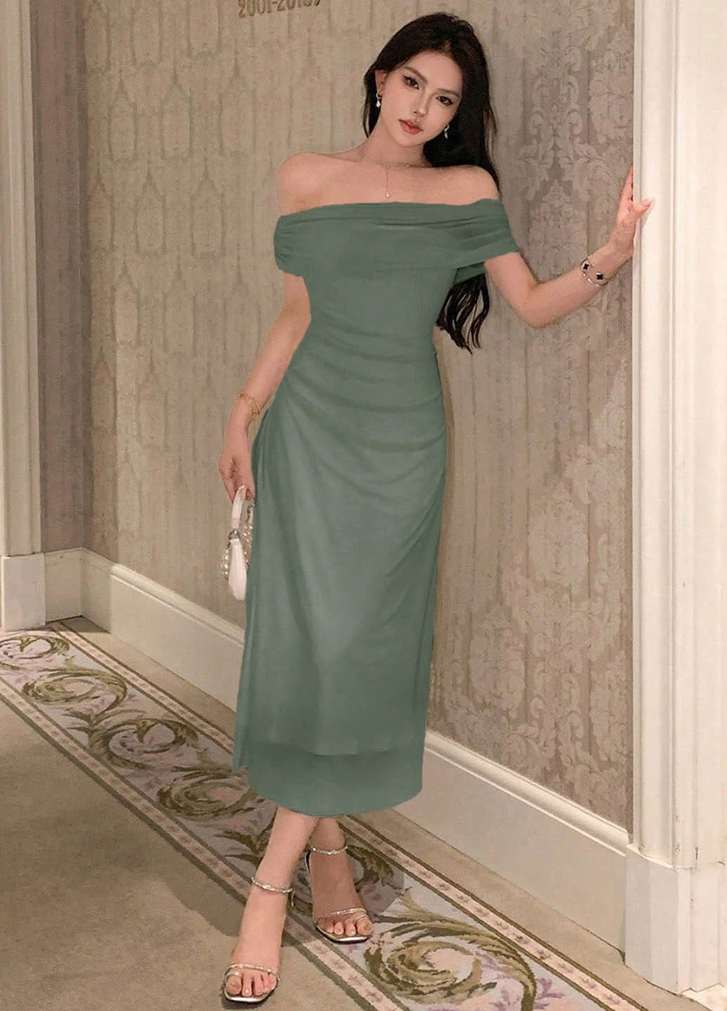 Сіро-зелена вечірня, кежуал сукня з відкритими плечима SHEIN однотонна