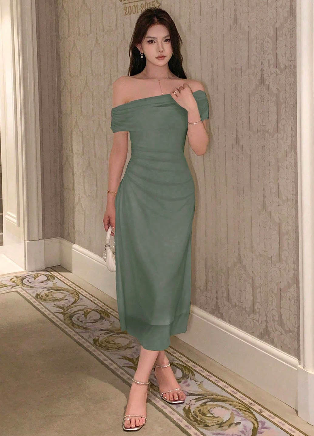 Сіро-зелена вечірня, кежуал сукня з відкритими плечима SHEIN однотонна