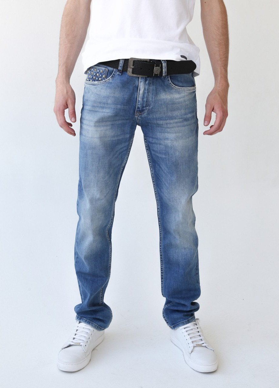 Синие демисезонные джинсы мужские синие летние слегка зауженные тертые Слегка-зауженная JEANSclub