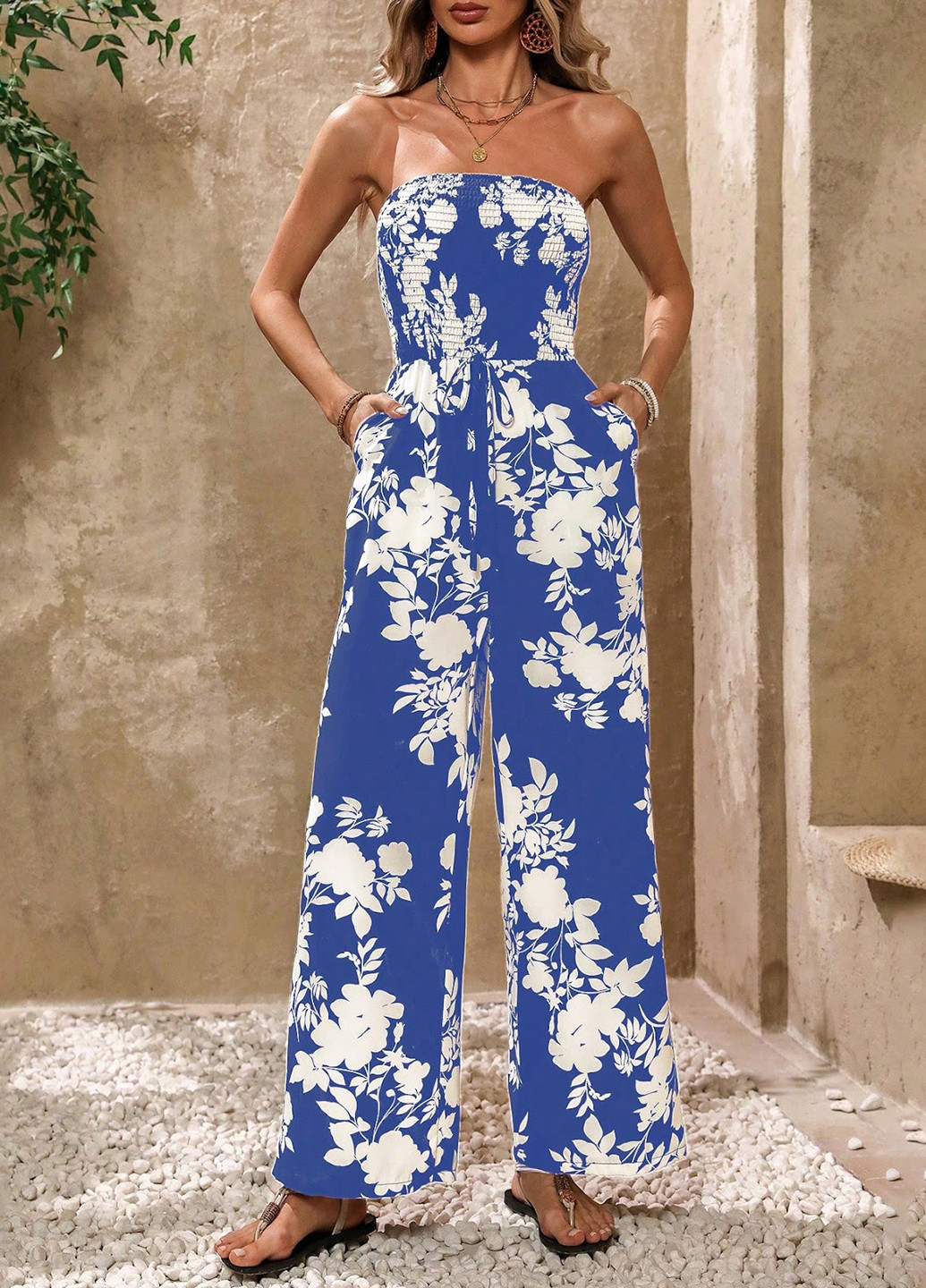 Комбінезон SHEIN комбінезон-брюки квітковий синій кежуал поліестер