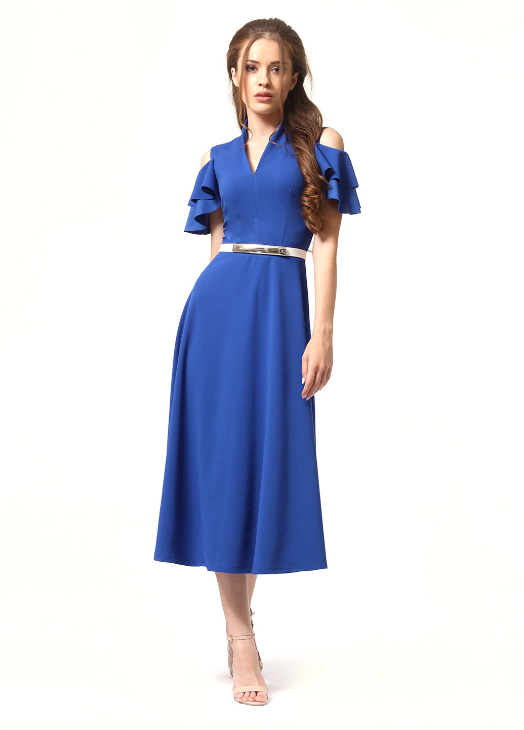 Синее кэжуал платье с открытыми плечами Lada Lucci однотонное