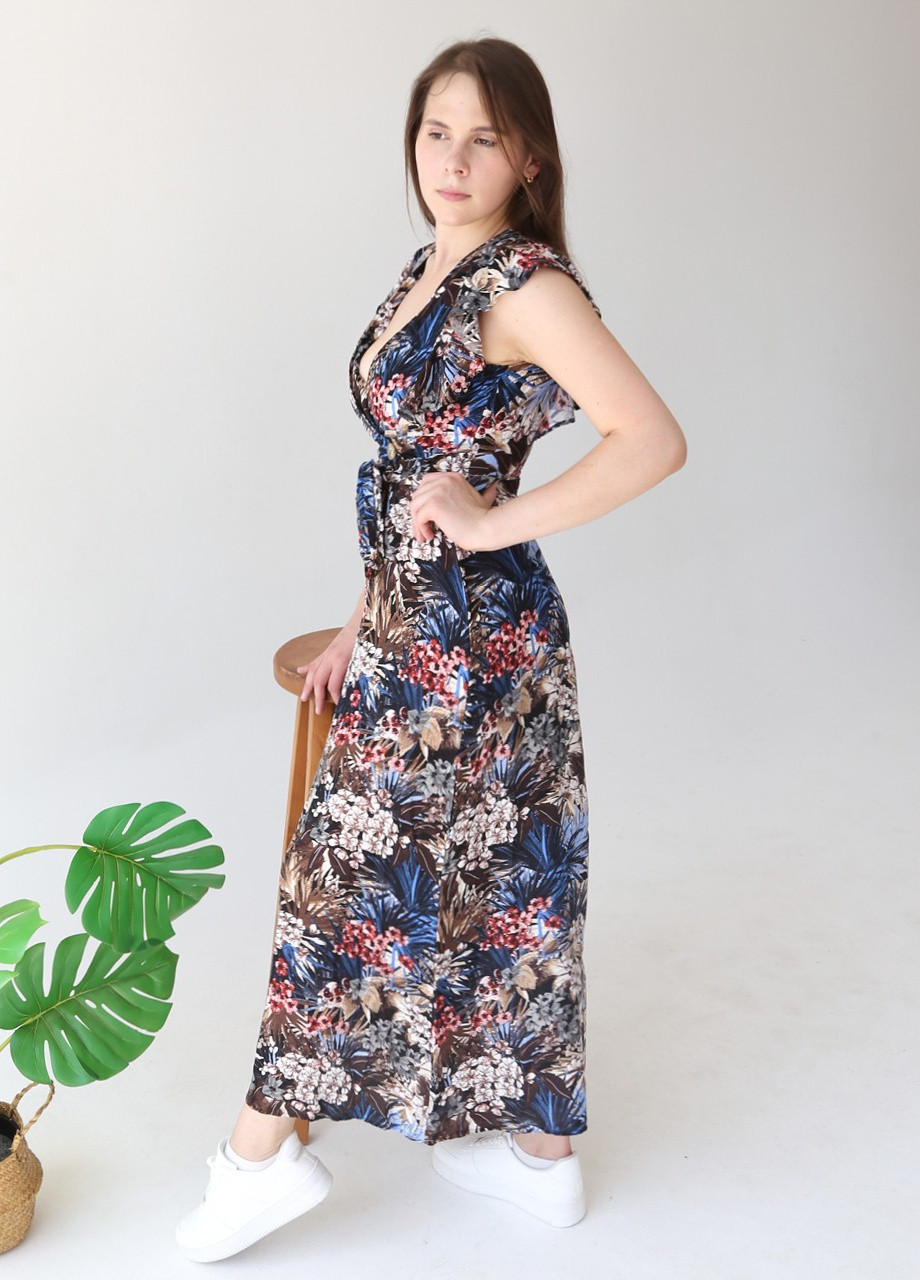 Синее кэжуал платье женское синее с коричневым тонкое с пальмами на запах MDG с цветочным принтом