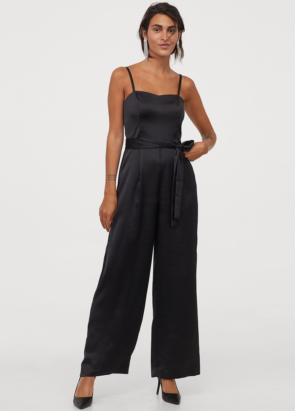 Комбинезон H&M комбинезон-брюки однотонный чёрный вечерний полиэстер, атлас