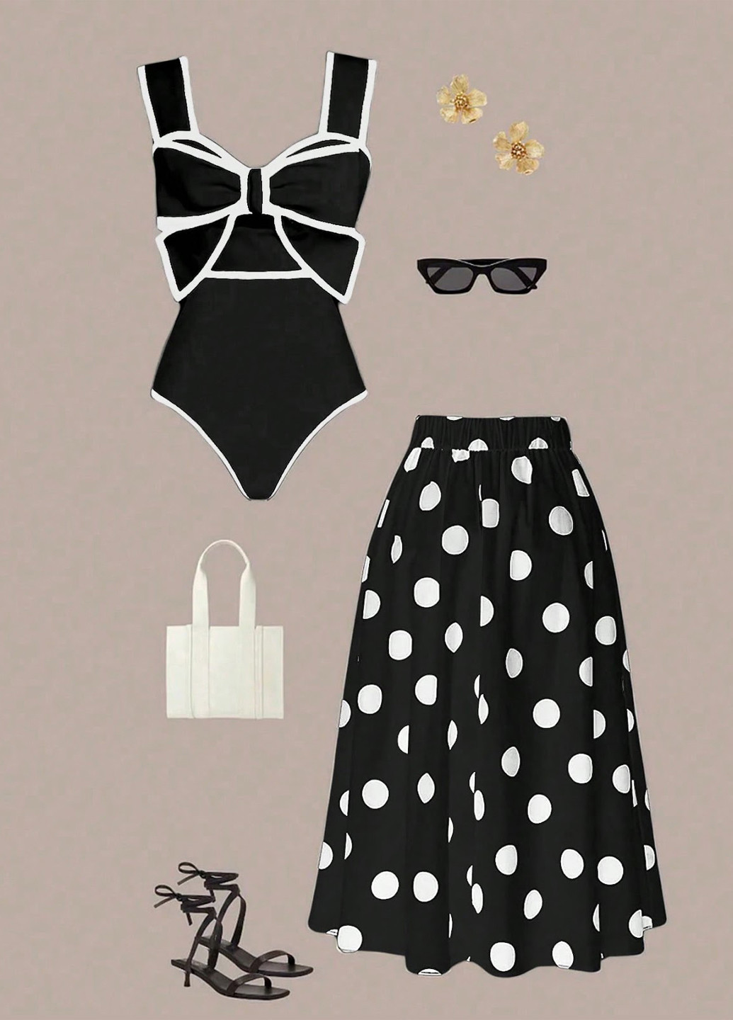 Черно-белый демисезонный комплект (купальник, юбка) слитный, майо SHEIN
