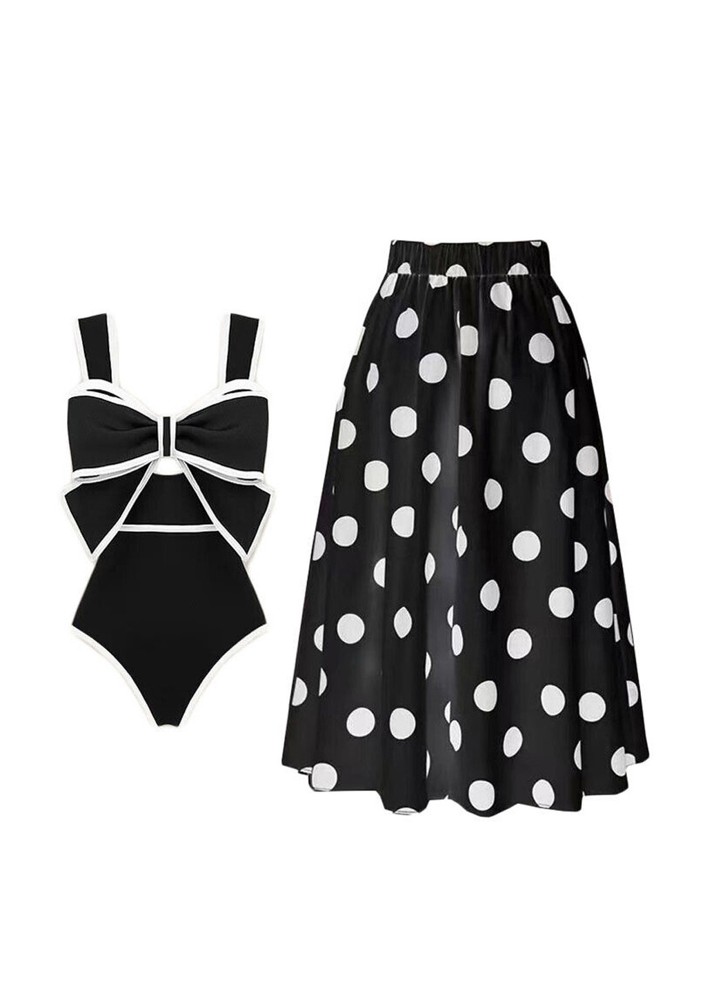 Черно-белый демисезонный комплект (купальник, юбка) слитный, майо SHEIN