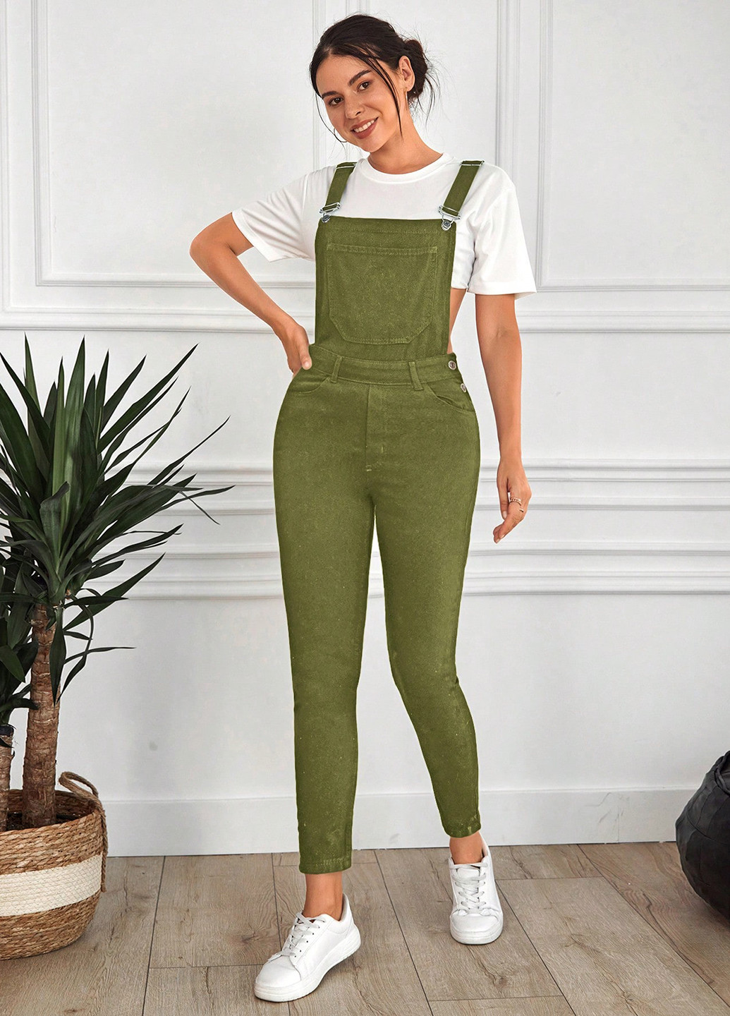 Комбінезон SHEIN комбінезон-брюки однотонний хакі джинсовий бавовна