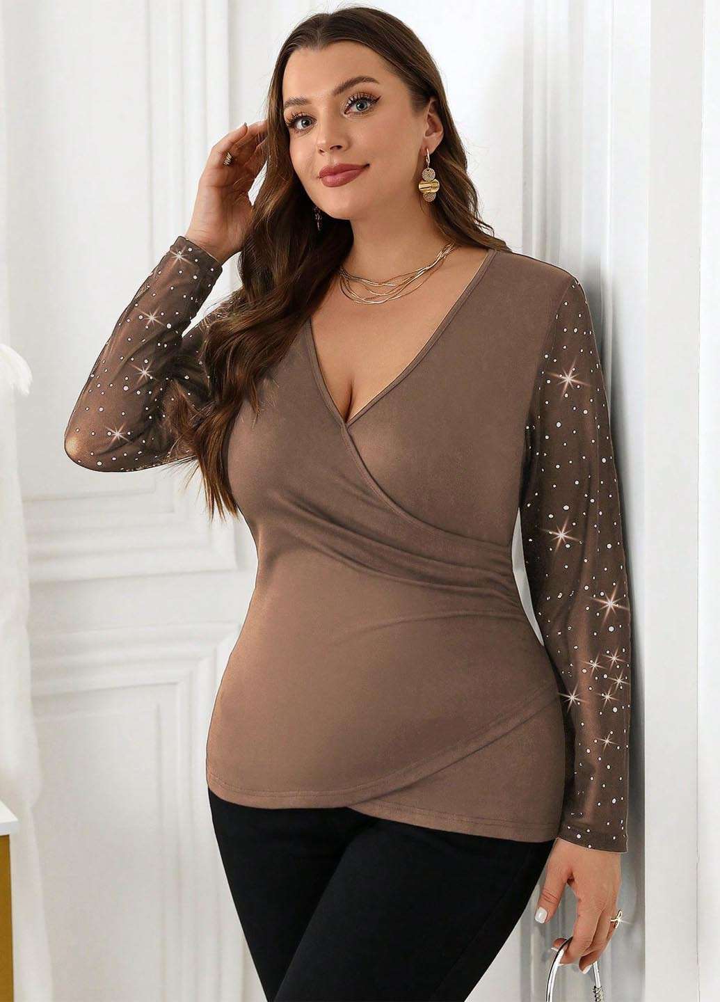 Коричневая блуза на запах SHEIN
