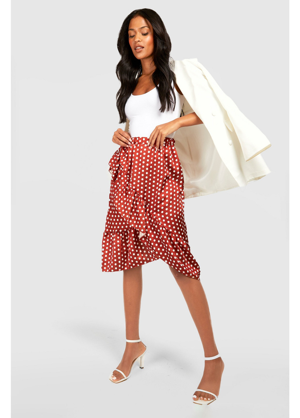 Терракотовая кэжуал в горошек юбка Boohoo на запах