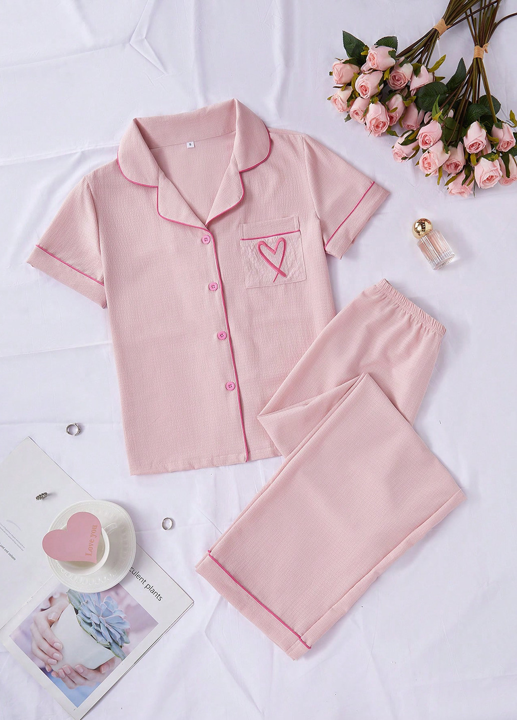 Светло-розовая всесезон пижама (рубашка, брюки) рубашка + брюки SHEIN