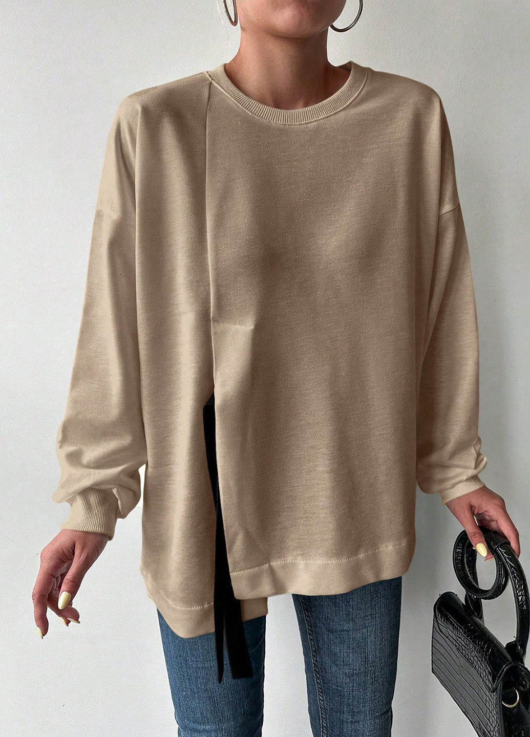 Бежевый свитшот SHEIN однотонный складки, бант, с вырезами (324028167)