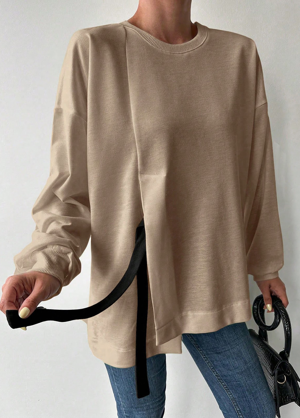 Бежевый свитшот SHEIN однотонный складки, бант, с вырезами (324028167)