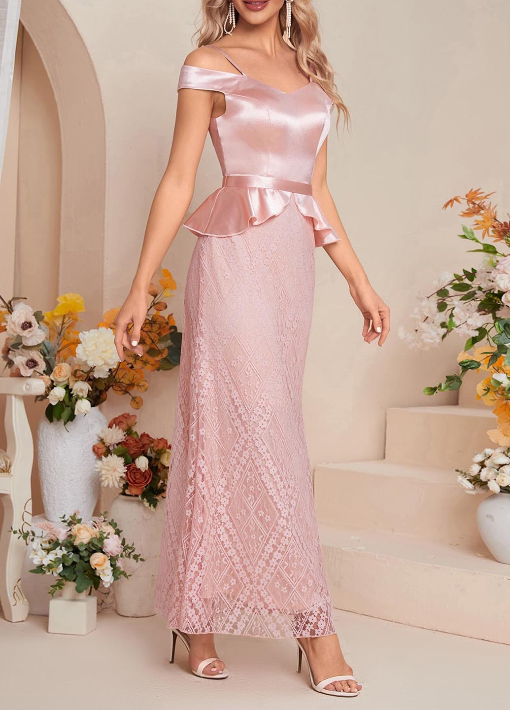 Світло-рожева вечірня, коктейльна сукня з відкритими плечима, з баскою SHEIN однотонна