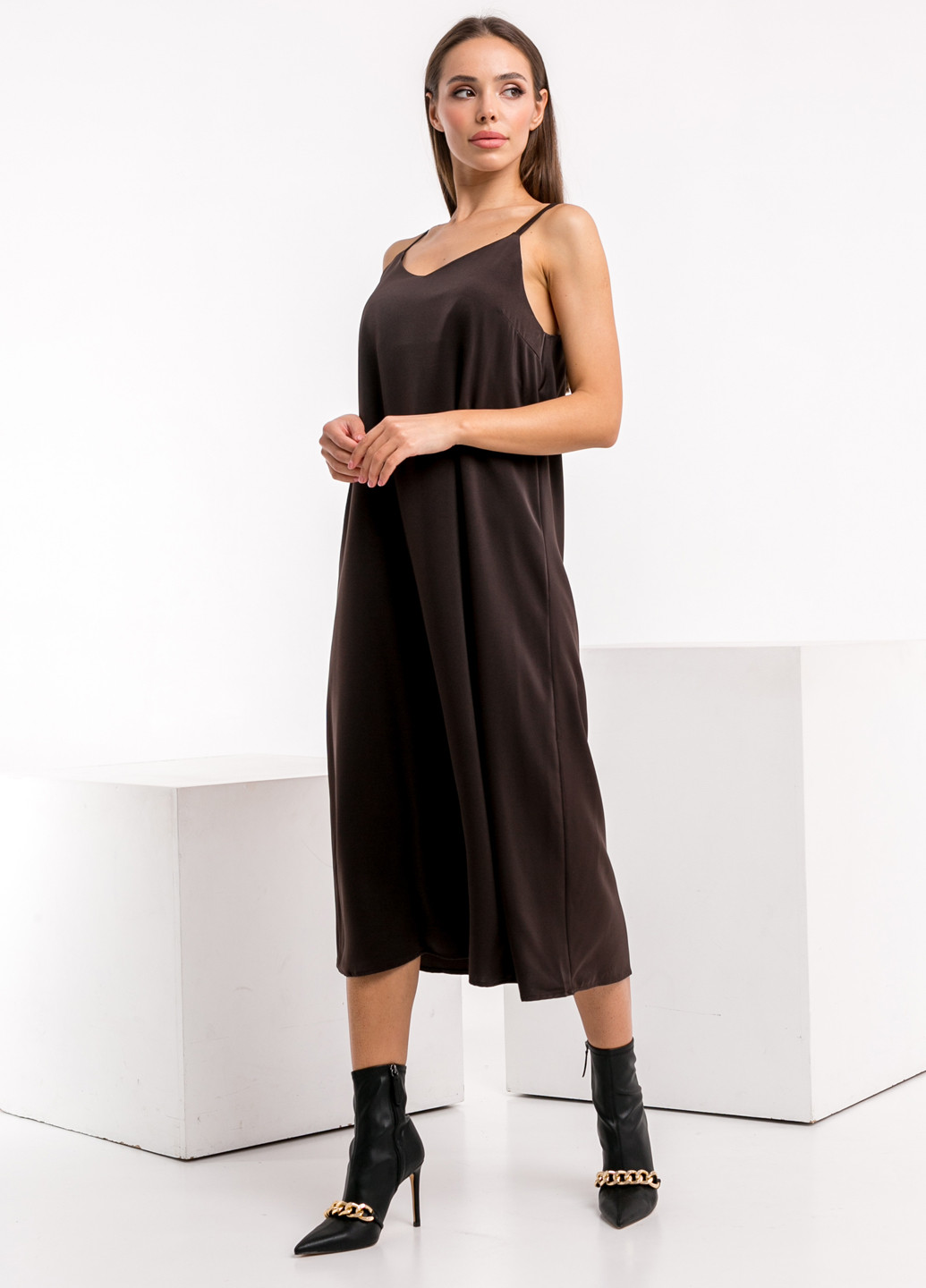 Темно-коричневое кэжуал платье а-силуэт, платье-комбинация Icon однотонное