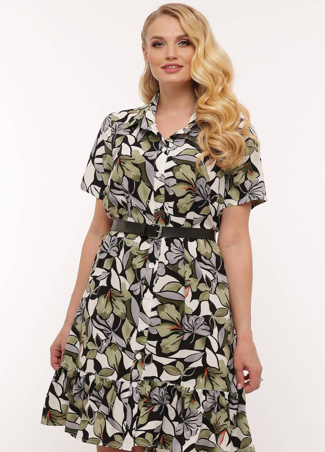 Оливковое кэжуал летнее платье с оборкой пери оливковое Tatiana однотонное