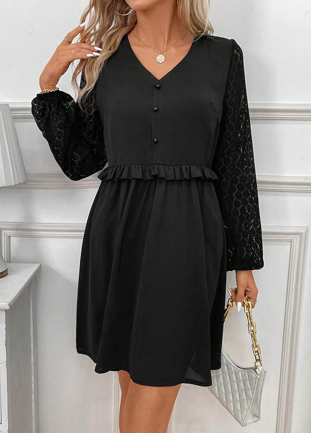 Черное кэжуал платье а-силуэт SHEIN однотонное