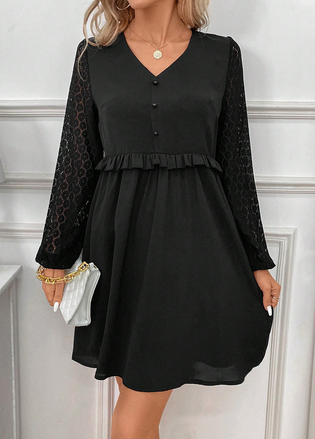 Черное кэжуал платье а-силуэт SHEIN однотонное