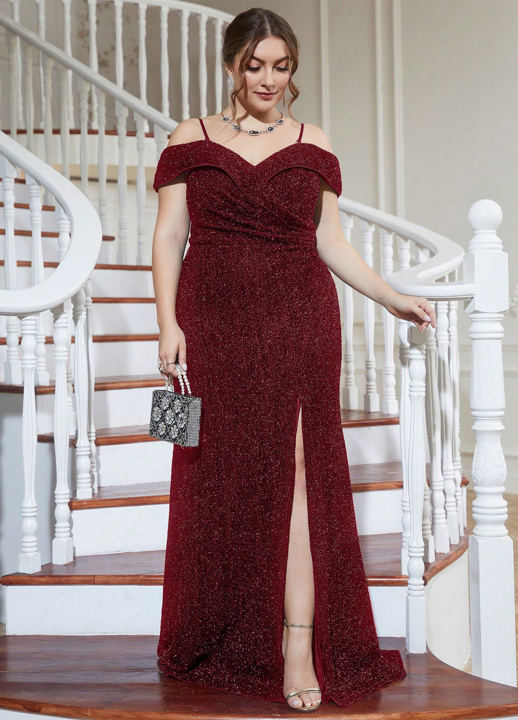 Бордова святковий, вечірня сукня з відкритими плечима SHEIN однотонна