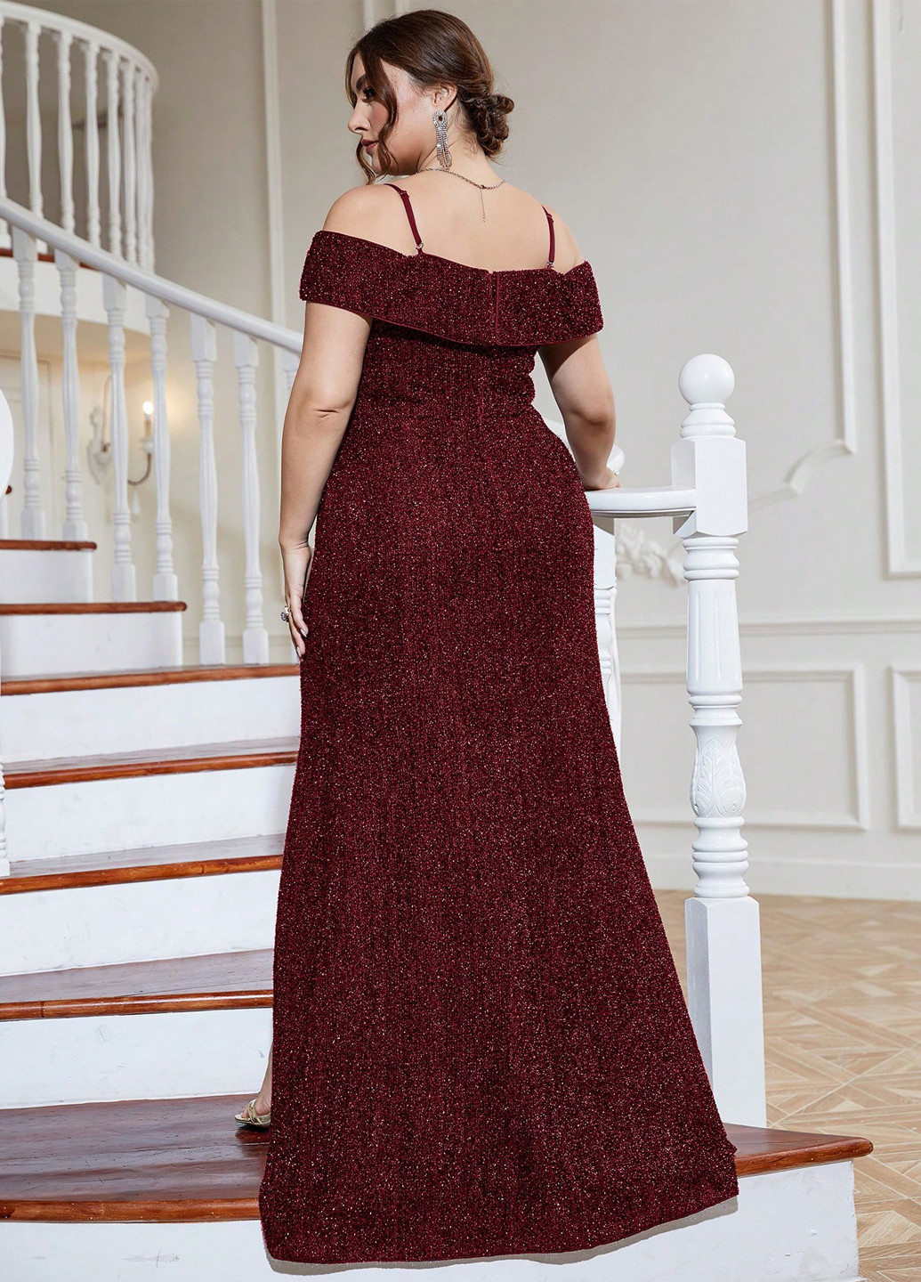 Бордова святковий, вечірня сукня з відкритими плечима SHEIN однотонна