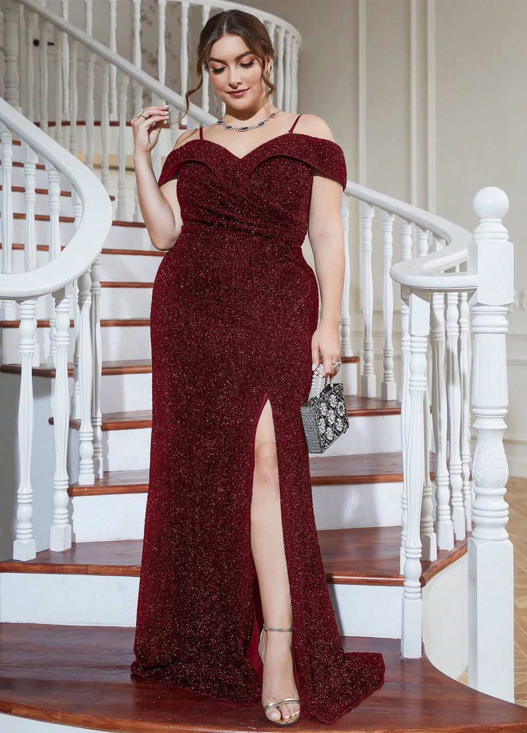 Бордова святковий, вечірня сукня з відкритими плечима SHEIN однотонна