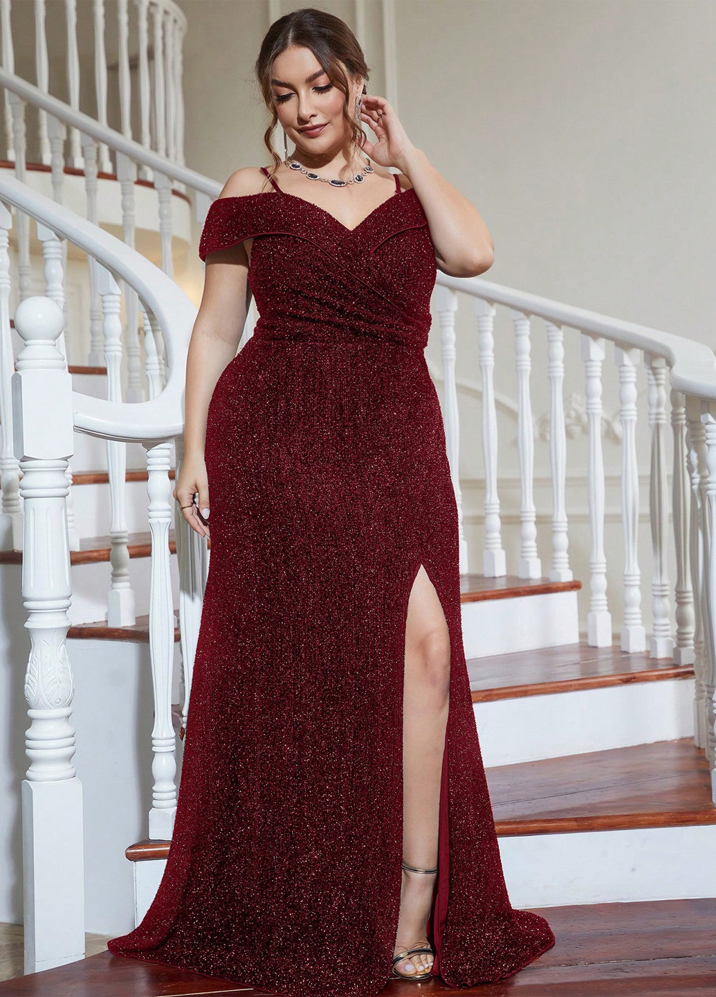 Бордова святковий, вечірня сукня з відкритими плечима SHEIN однотонна