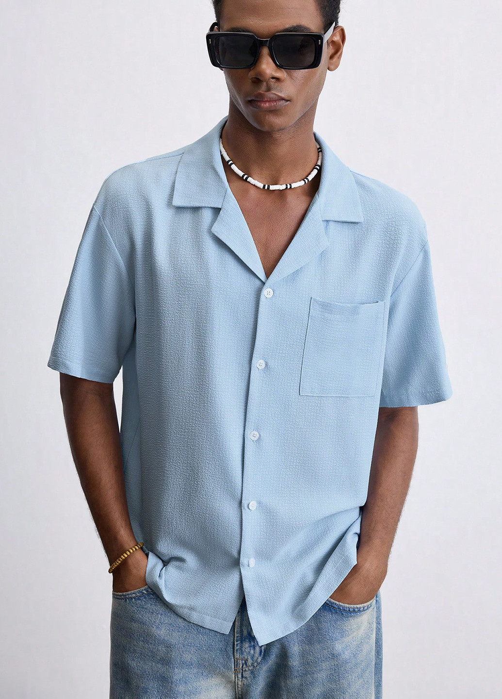 Светло-голубой классическая, кэжуал рубашка однотонная SHEIN