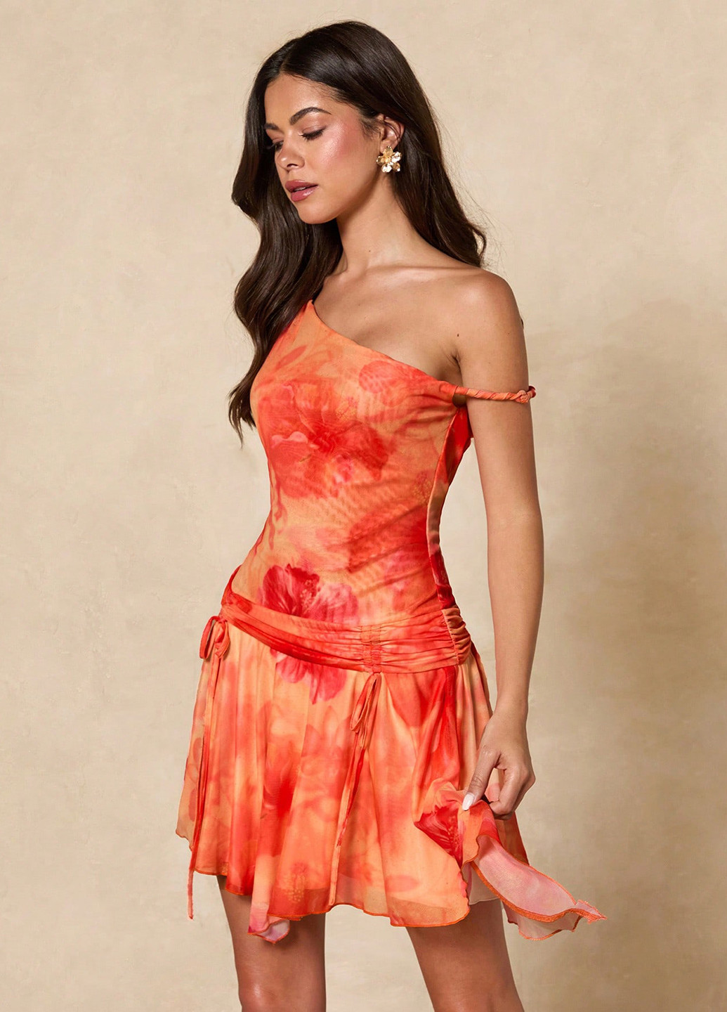 Помаранчева коктейльна, вечірня, кежуал сукня кльош SHEIN з квітковим принтом