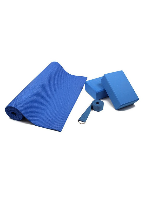 Набор для йоги синий - коврик для йоги (каремат, мат для фитнеса), два блока (кирпича) и ремень для йоги (лямка) EasyFit (241229824)