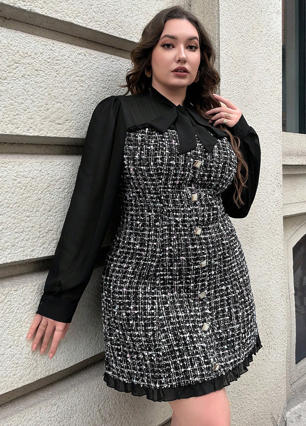 Черно-белое кэжуал платье рубашка SHEIN в клетку