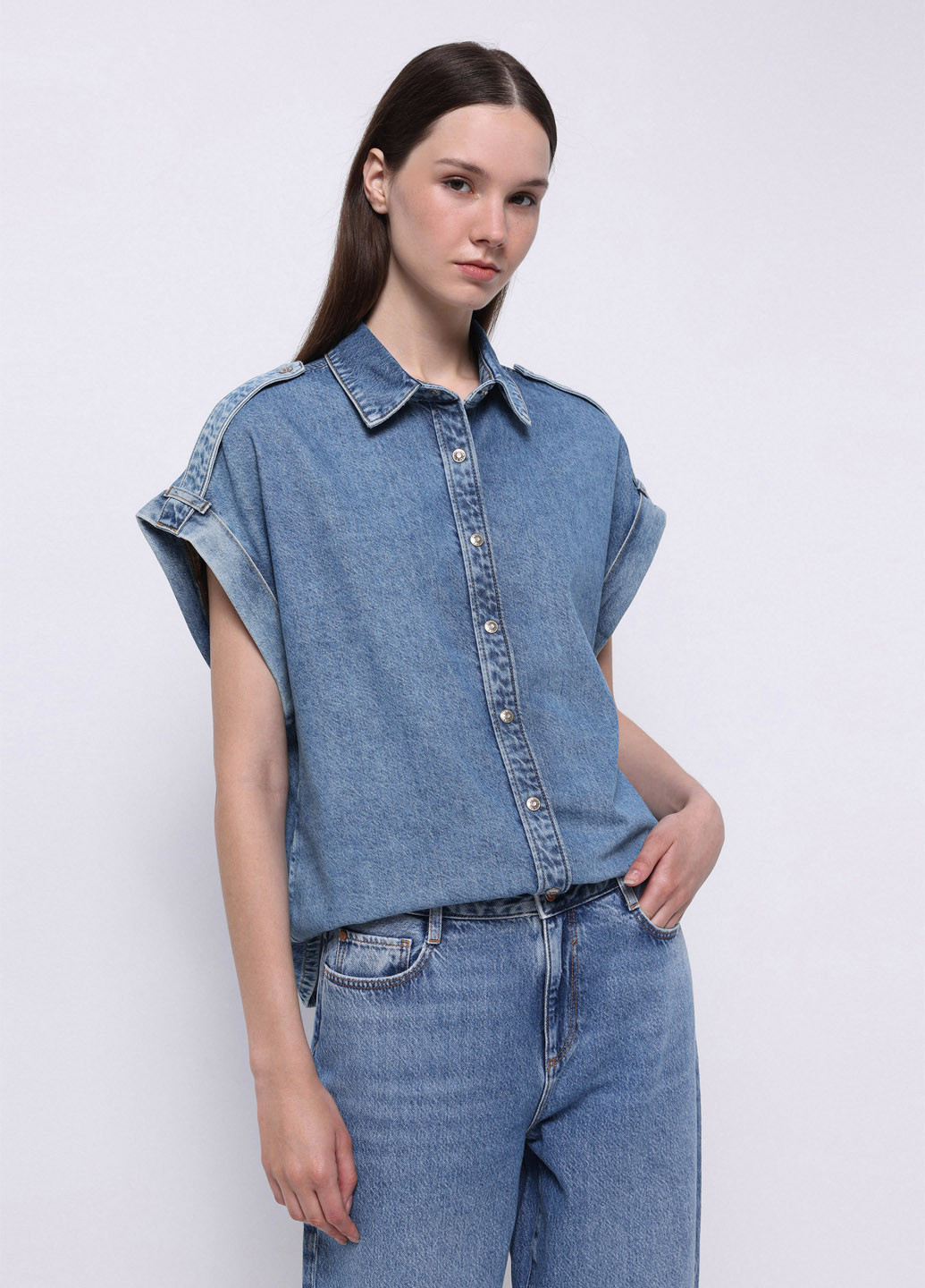 Темно-голубой джинсовая, кэжуал рубашка однотонная Colin's