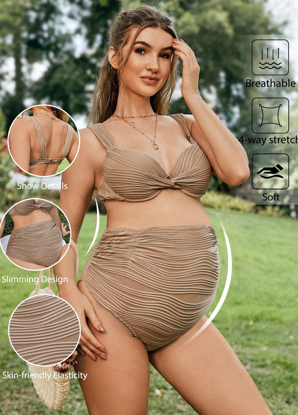 Бежевый летний купальник для беременых (лиф, трусики) танк, раздельный SHEIN