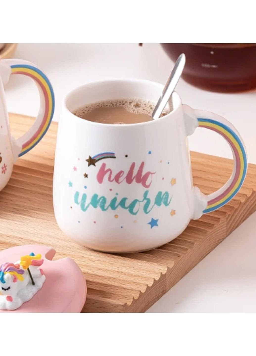 Кружка з кришкою та ложкою Єдиноріг Hello unicorn 5697 420 мл No Brand (253669015)