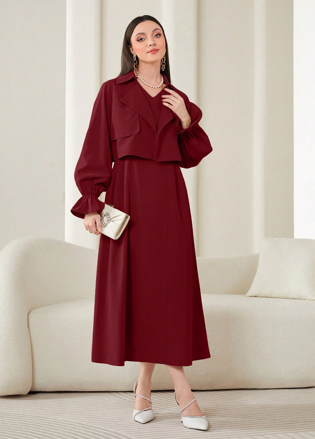 Бордовий демісезонний комплект (накидка, сукня) SHEIN