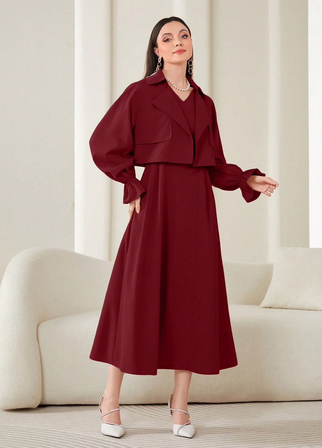 Бордовий демісезонний комплект (накидка, сукня) SHEIN