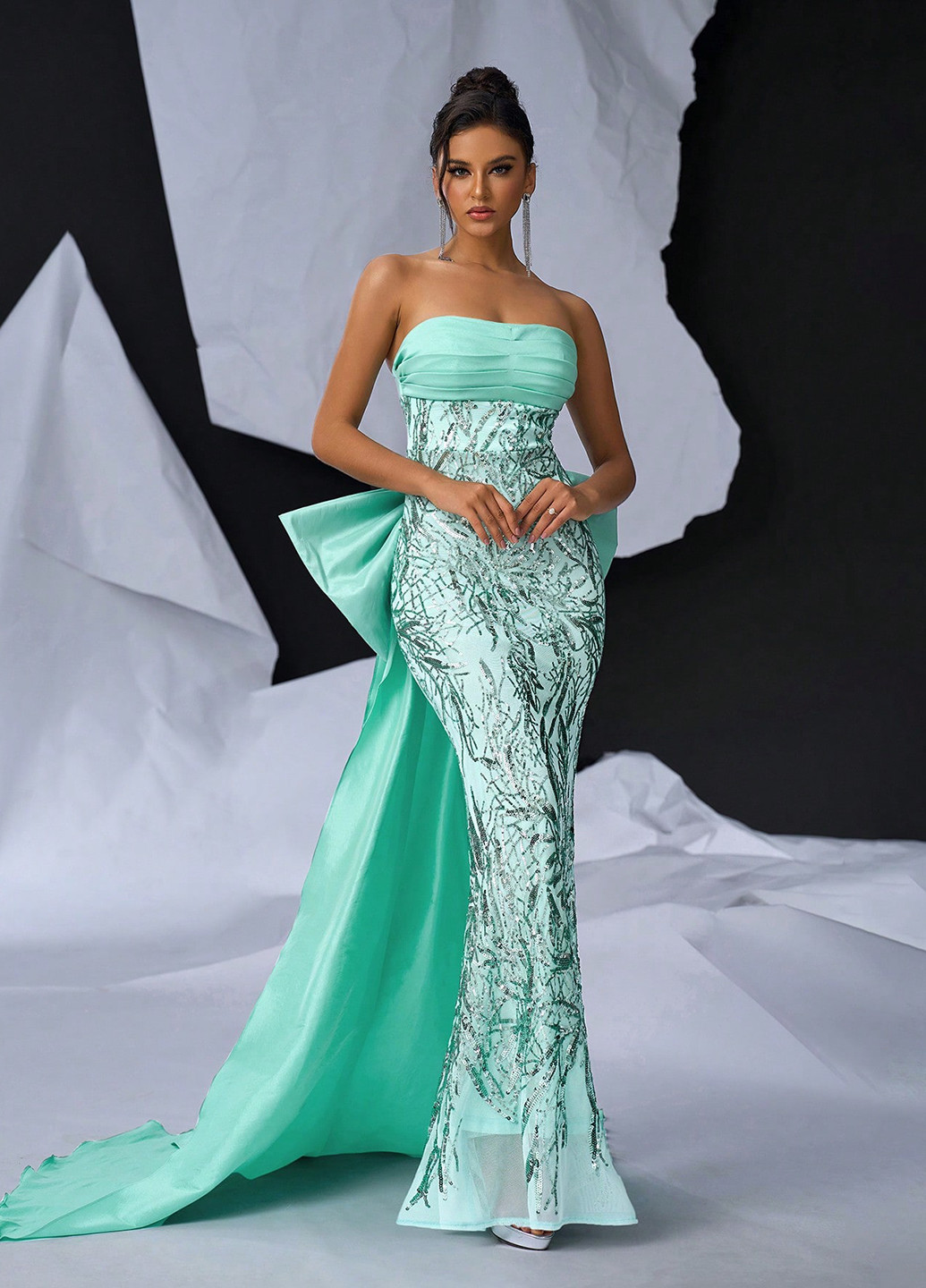 Світло-бірюзова святковий, вечірня сукня годе, а-силует, бандо, з відкритою спиною SHEIN однотонна