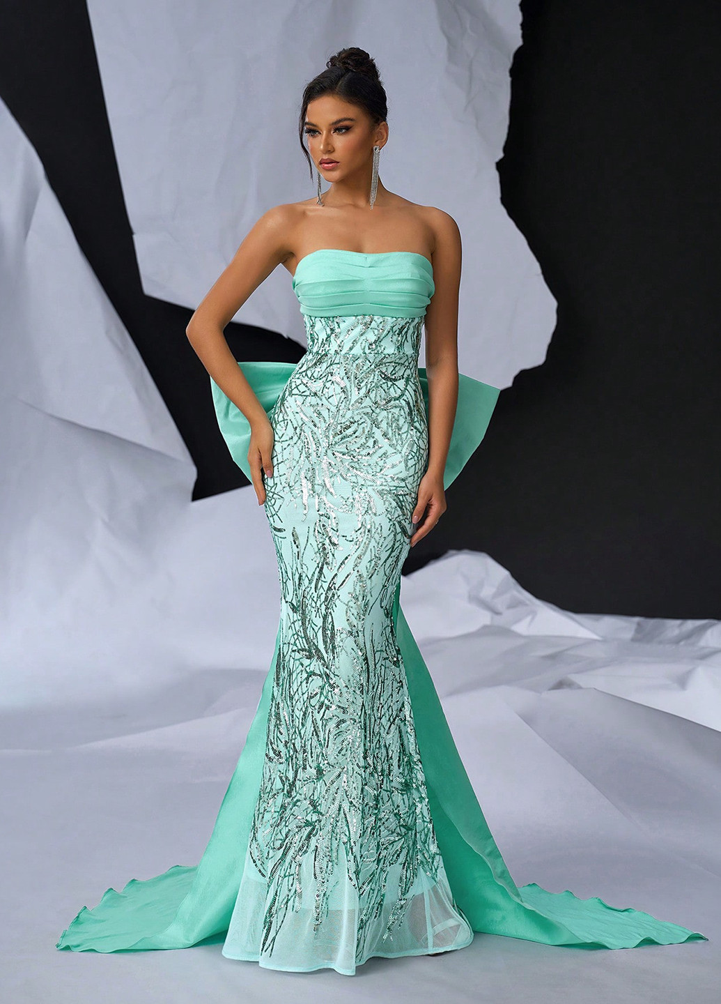 Світло-бірюзова святковий, вечірня сукня годе, а-силует, бандо, з відкритою спиною SHEIN однотонна