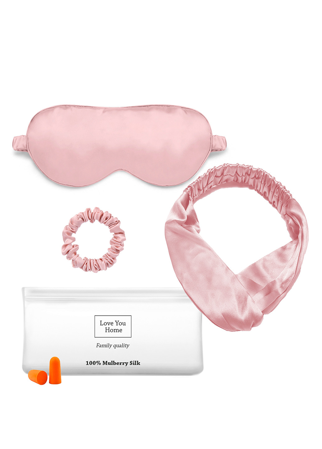 Маска для сну шовкова + пов'язка для волосся + резинка + чохол + беруші рожева Love You (251281446)