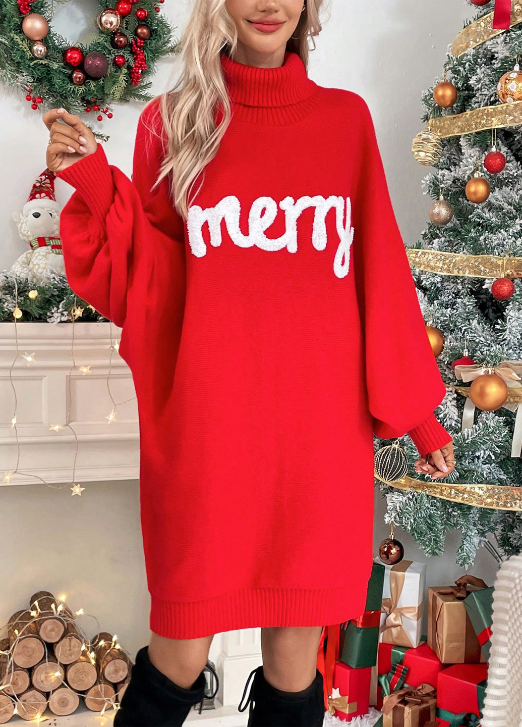 Красное кэжуал платье платье-свитер SHEIN с новогодним принтом