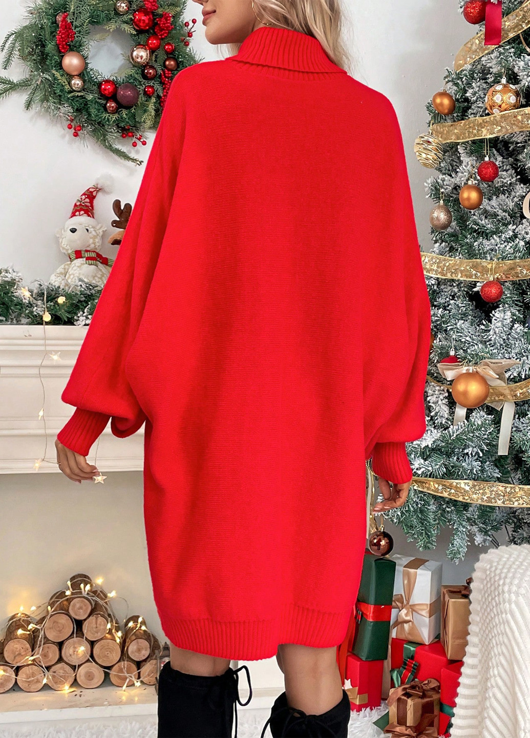 Красное кэжуал платье платье-свитер SHEIN с новогодним принтом