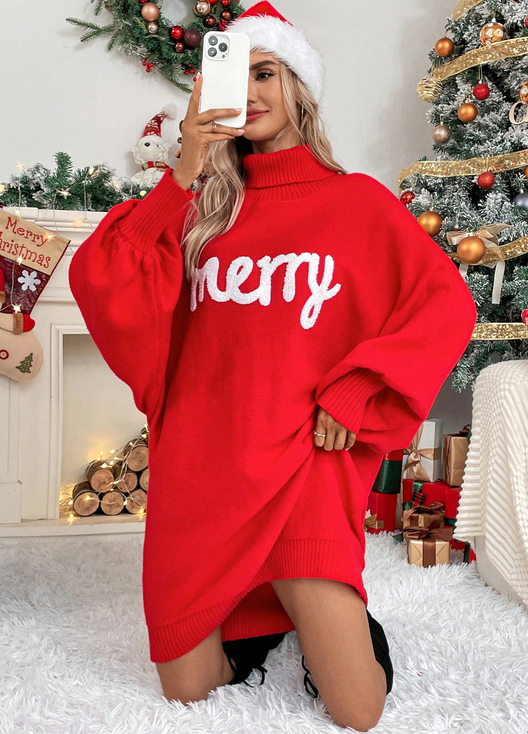 Красное кэжуал платье платье-свитер SHEIN с новогодним принтом